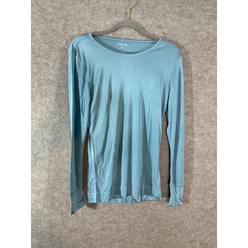 Lands End Silk Long Sleeve Top Women M Blue Crew Neck Base Layer Minimalist